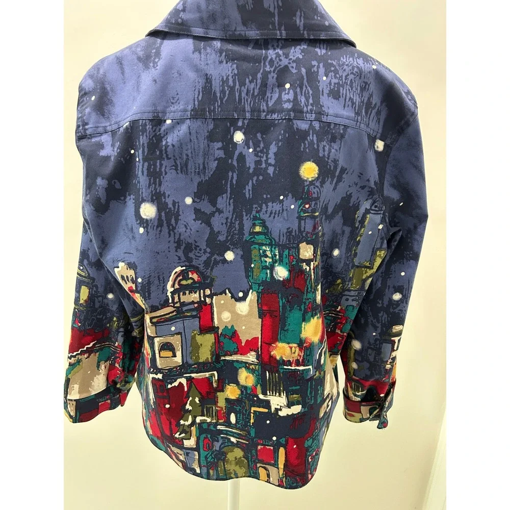 Christopher & Banks Blue Cityscape Print Cotton Button Front Jacket Womens XL
